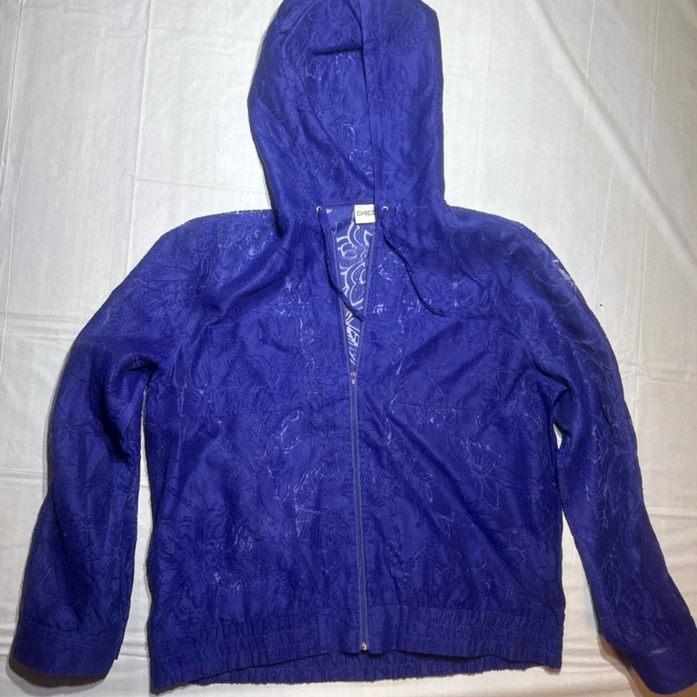 Chico's Women’s Blue Tropic Day Cool Jacket Lace Hooded Full Zip Size 2 New